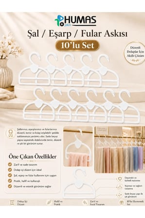 Şal Eşarp Fular Askısı 10'lu Set Dolap İçi Düzenleyici Askılık Beyaz