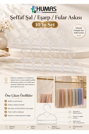 Şal Eşarp Fular Askısı 10'lu Set Dolap İçi Düzenleyici Askılık Şeffaf