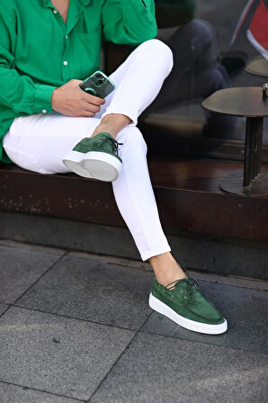 Serhat Özköroğlu - Yeşil Süet Bağcıklı  Sneakers Erkek  Ayakkabı Yeşil Süet