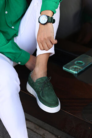 Serhat Özköroğlu - Yeşil Süet Bağcıklı  Sneakers Erkek  Ayakkabı Yeşil Süet