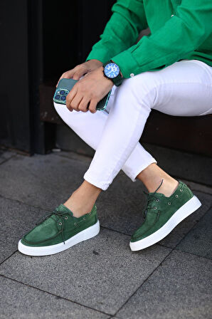 Serhat Özköroğlu - Yeşil Süet Bağcıklı  Sneakers Erkek  Ayakkabı Yeşil Süet