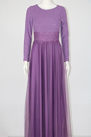 38035 Beli Dantel Şeritli Uzun Kol U.Elbise