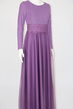 38035 Beli Dantel Şeritli Uzun Kol U.Elbise