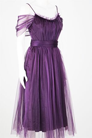 38983 Açık Omuz Büzgülü Tül Elbise