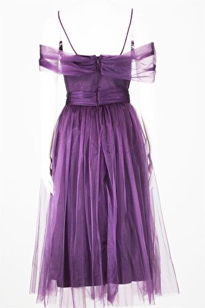 38983 Açık Omuz Büzgülü Tül Elbise