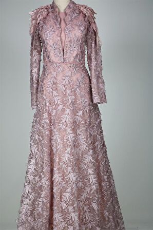 05-710 Omuzları Aplikli Güpürlü Taşlı Abiye