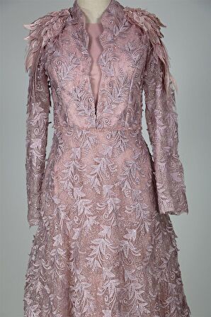 05-710 Omuzları Aplikli Güpürlü Taşlı Abiye