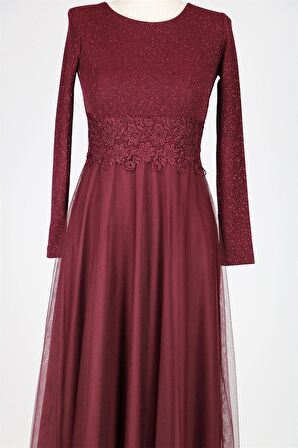 38035 Beli Dantelli Üstü Simli Tül Elbise
