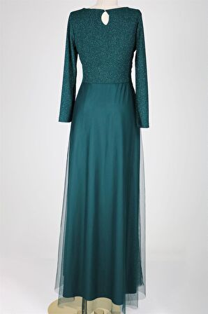 38048 Beli Dantelli Üstü Simli Tül Elbise