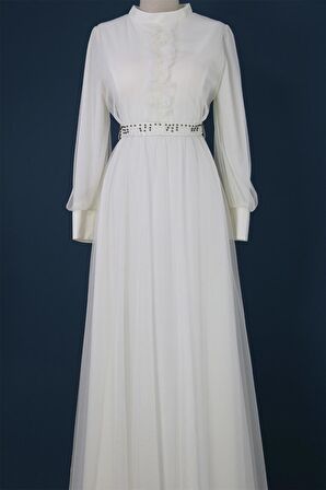 670 Önü Fırfırlı Kemeri İnci Detaylı Tül Elbise