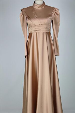 8563 Omuz Ve Bel Detaylı Saten Elbise