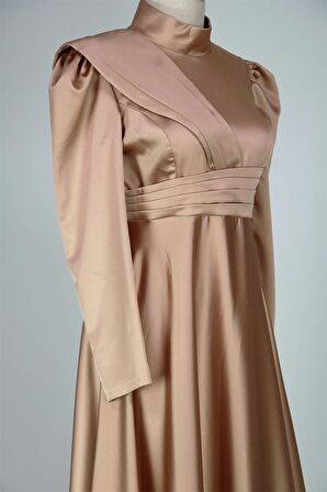 8563 Omuz Ve Bel Detaylı Saten Elbise