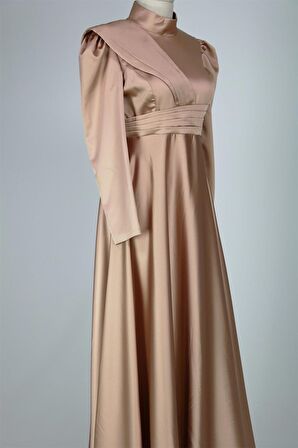 8563 Omuz Ve Bel Detaylı Saten Elbise