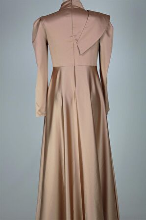 8563 Omuz Ve Bel Detaylı Saten Elbise