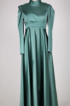 8563 Omuz Ve Bel Detaylı Saten Elbise