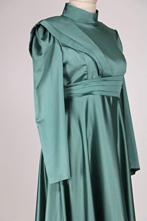 8563 Omuz Ve Bel Detaylı Saten Elbise