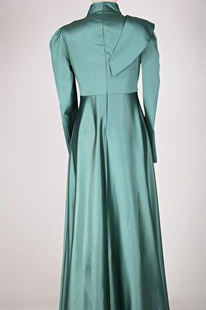 8563 Omuz Ve Bel Detaylı Saten Elbise