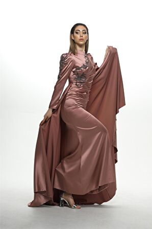 2288 Yakası Ve Kolu Taşlı Abiye - Pudra