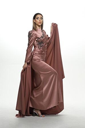 2288 Yakası Ve Kolu Taşlı Abiye - Pudra