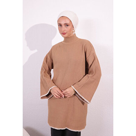 9045 Çoban Dikiş Detaylı Triko Tunik - Camel