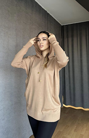 Kapüşonlu Cepli Triko Kazak Camel