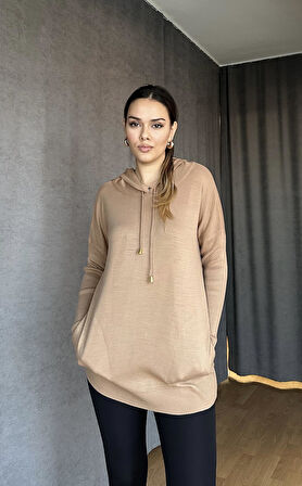 Kapüşonlu Cepli Triko Kazak Camel