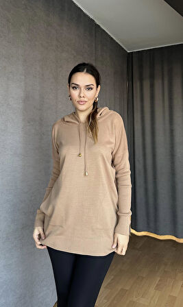 Kapüşonlu Cepli Triko Kazak Camel