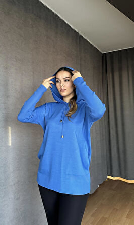 Kapüşonlu Cepli Triko Kazak Açık Mavi