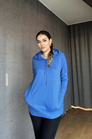 Kapüşonlu Cepli Triko Kazak Açık Mavi