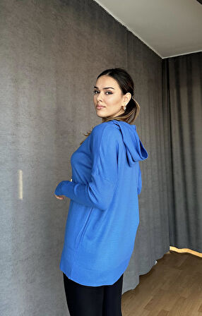 Kapüşonlu Cepli Triko Kazak Açık Mavi