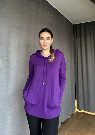 Kapüşonlu Cepli Triko Kazak Eflatun