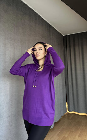 Kapüşonlu Cepli Triko Kazak Eflatun