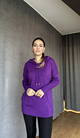 Kapüşonlu Cepli Triko Kazak Eflatun