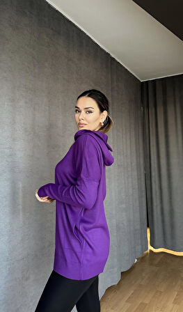 Kapüşonlu Cepli Triko Kazak Eflatun