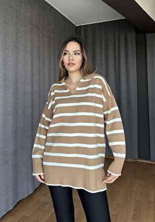 Çelik Triko Camel Ekru Çizgili
