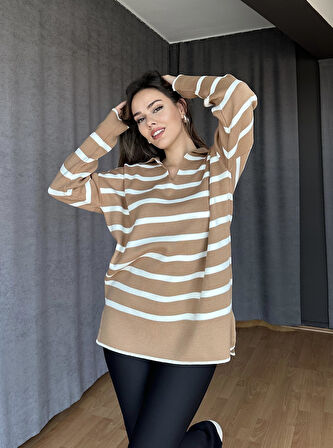 Çelik Triko Camel Ekru Çizgili