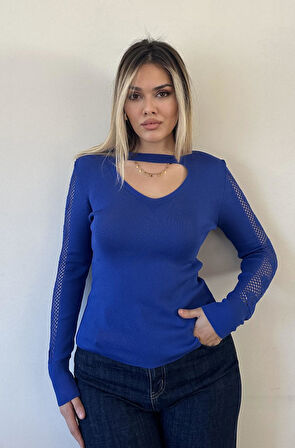 Tasma Yaka Kolu Örgülü Triko-Saks Mavi