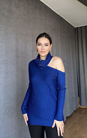 Omzu Açık Degaje Yaka Triko Kazak - Saks Mavi