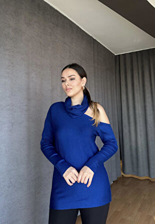 Omzu Açık Degaje Yaka Triko Kazak - Saks Mavi