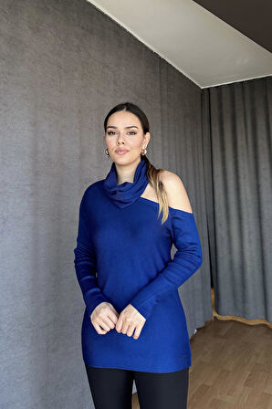 Omzu Açık Degaje Yaka Triko Kazak - Saks Mavi