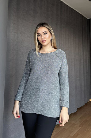 Simli Yuvarlak Yaka Triko Kazak Gri