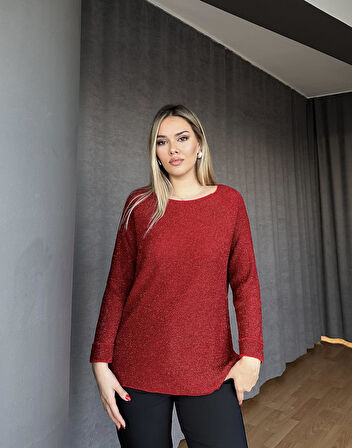 Simli Yuvarlak Yaka Triko Kazak Kırmızı