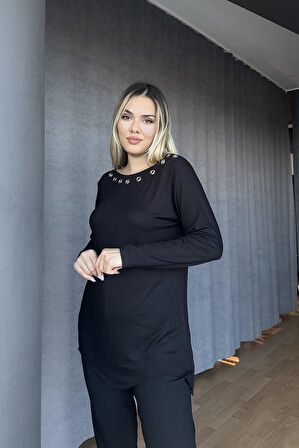 KUŞGÖZLÜ KAYIK YAKA TUNİK ÇİLEK TRİKO-SİYAH