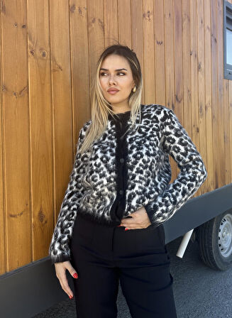 LEOPAR DESENLİ HIRKA - SİYAH - GRİ