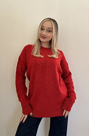 Şardonlu Yumoş Bisiklet Yaka Kazak--Kırmızı