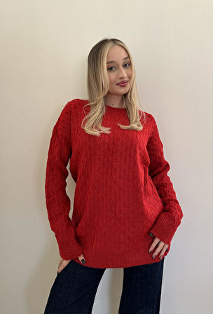 Şardonlu Yumoş Bisiklet Yaka Kazak--Kırmızı