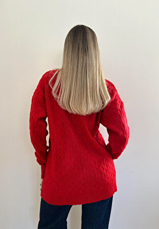 Şardonlu Yumoş Bisiklet Yaka Kazak--Kırmızı