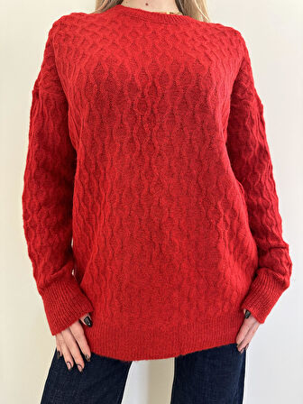 Şardonlu Yumoş Bisiklet Yaka Kazak--Kırmızı