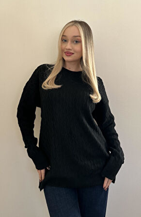 Şardonlu Yumoş Bisiklet Yaka Kazak- Siyah