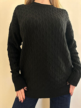 Şardonlu Yumoş Bisiklet Yaka Kazak- Siyah